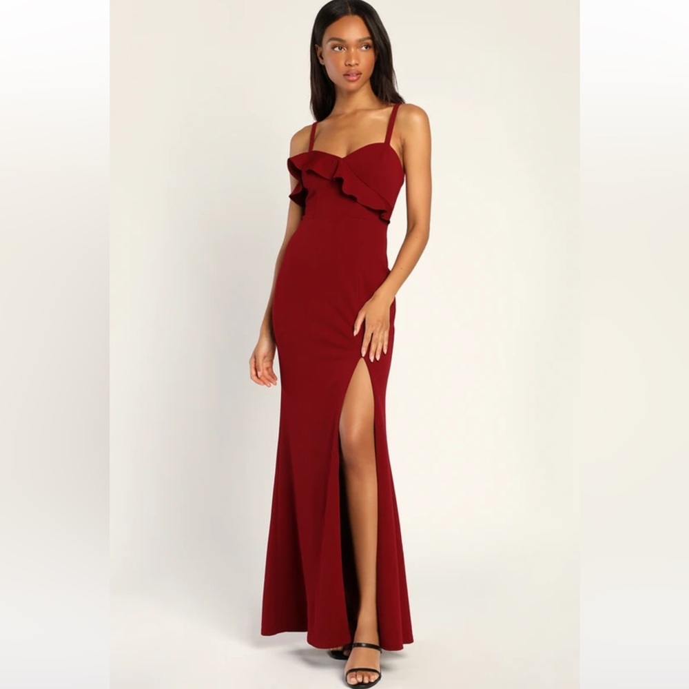 Ruffle My Heart Burgundy Ruffled Mermaid Maxi Dress